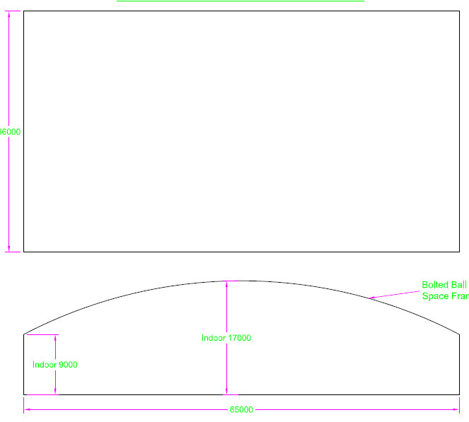 南岸跨度65米，拱高8米网架
